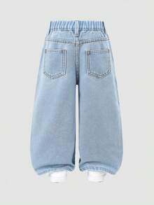 SHEIN ChillGRL 女款 Y2K 休閒日常百搭街頭風獨特不對稱彈性腰破損寬腿直筒牛仔褲，舒適百搭，2025 新款必備，四季適用，適合日常出遊 HOT - 藍色 - 查看 2
