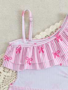 Baby One-Piece Swimsuit, Infant Asymmetrical Shoulder Ruffle Hollow Out One-Piece Swimsuit, Striped + Small Bow Print, Suitable For Beach Vacation, Swimming Pool, Hot Spring - Multicolor - View 6