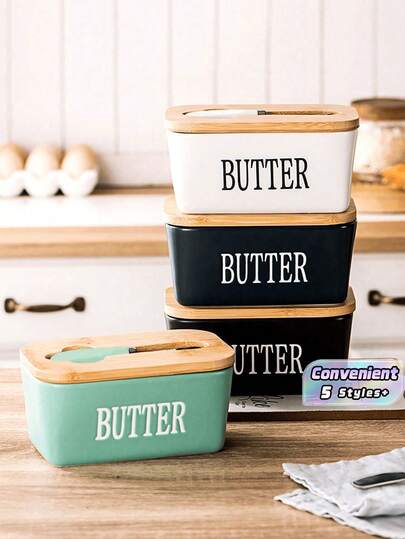 1 Set Of Ceramic Butter Dish With Bamboo Lid And Built-In Knife, White Butter Keeper With Double Silicone Sealing Ring, Kitchen Storage Container, Kitchen, Christmas Gift
