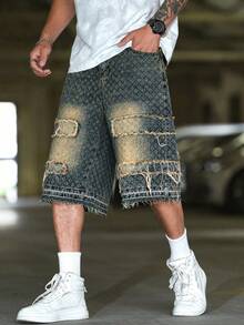 Manfinity EMRG Men's Plus Size Vintage Patchwork Wide Leg Denim Shorts - Blue - View 4