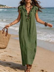 SHEIN Holidaya Women's Vacation Ruffle V-Neck Flutter Sleeve Dress, Women's Vacation Dress, Women's Apricot Dress - Dark Green - View 6