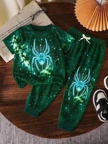 Conjunto de 2 piezas para niño con estampado digital de araña y telaraña en verde, camiseta de cuello redondo de manga corta y pantalón largo verde, cómodo y versátil, estilo streetwear diario para todas las estaciones - Multicolor - Ver 2