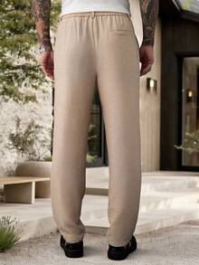 Manfinity Homme Men's Solid Color Drawstring Waist Casual Versatile Daily Travel Long Pants - Khaki - View 2