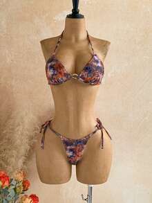 Soleia Women's 3 Pieces Sexy Tropical Bikini Swimwear With Printed Mesh Cover-Up Skirt, Bathing Suits Beach Party Vacation Brown And Turquoise Summer - Multicolor - View 8