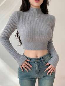 Dazy Star Solid High Neck Crop Sweater,Long Sleeve Tops Fall - Grey - View 12
