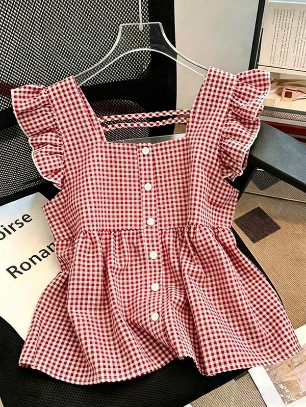 SHEIN Franclia 2026 New Arrival Women's Spring Summer Vintage Cute Preppy Y2K Aesthetic Red And White Plaid Gingham Check Short Sleeve Ruffle Trim Square Neck Blouse