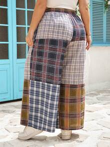 SHEIN CURVE+ Plus Size Plaid Patchwork Retro Style Pants Fall - Multicolor - View 2