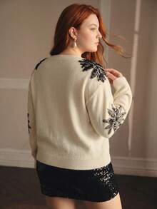 MOTF PREMIUM WOMEN'S PLUS SIZE AUTUMN/WINTER FAUX PEARL BEADED DROP SHOULDER SWEATER - Beige - View 2