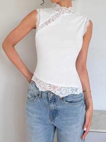SHEIN EZwear 女款蕾絲拼接修身百搭日常穿搭上衣 - 彩色 - 查看 4