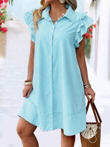 EMERY ROSE Vestido de vacaciones con botones a rayas de moda primavera/verano talla grande - Azul menta - Ver 1
