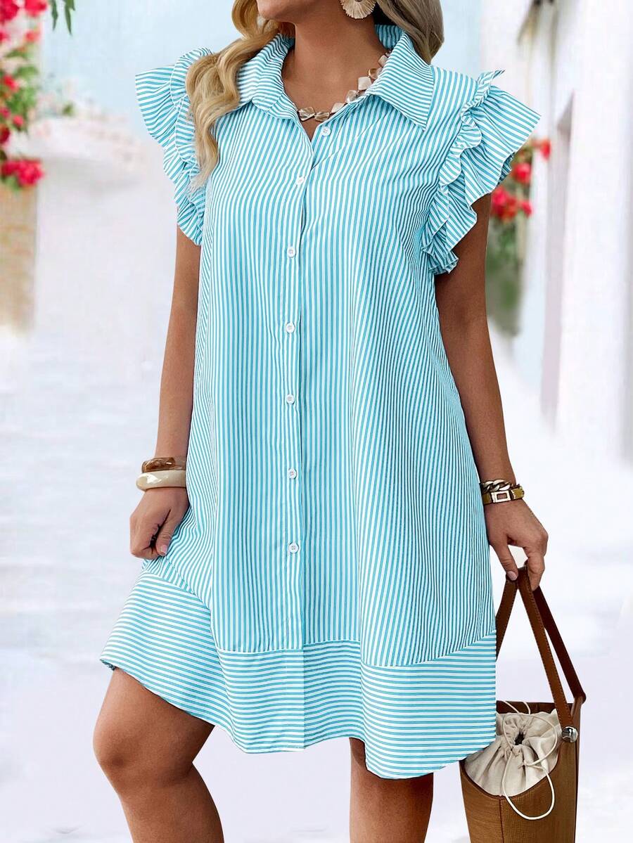 EMERY ROSE Vestido de vacaciones con botones a rayas de moda primavera/verano talla grande - Azul menta - Ver 1