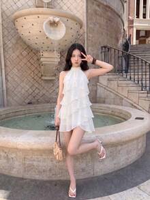 Skyraze White Multi-Layer Ruffle Collar Mini Dress,Summer Elegant Women Vacation Outfits,Chiffon Party Wedding Guest Graduation Date Dress,Boho Beach Wear - White - View 6