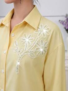 Modelyn Elegant Pastel Yellow 3D Beaded Floral Drop Shoulder Sleeve Blouse For Women Teachers' Day Office Summer - Yellow - View 4