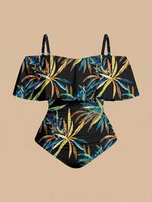 Swim Oasis 大尺碼度假風植物印花連身泳衣與遮罩裙 2 件套組 - 黑色 - 查看 6