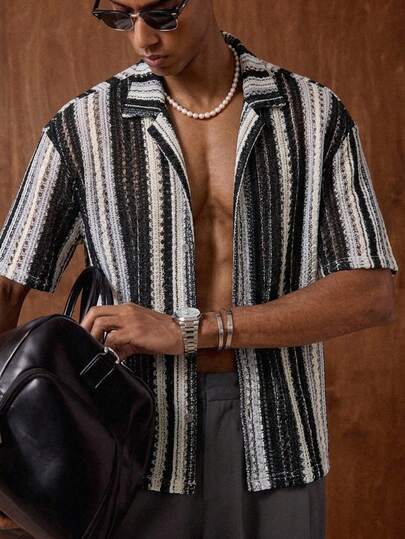 AKNOTIC Business Casual Men's Party Knit Loose Drop Shoulder Lapel Short Sleeve Casual Vacation Shirt, Suitable For Summer Daily Wear, Beach, Couple, Boyfriend Gift