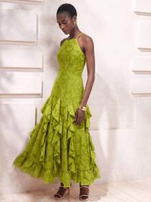 Aveloria Modichic French Elegant Elegant Vacation Date Chiffon Spaghetti Strap Round Neck Cinched Waist Vertical Split Design Patchwork Ruffle Hem Slimming Fitted Sleeveless Long Dress For Women - Green - View 3