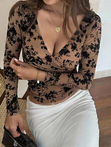 DAZY 女款夏季碎花植絨棕色蕾絲網紗上衣，修身優雅透視T恤，適合婚禮、宴會、派對 - 棕色 - 查看 1