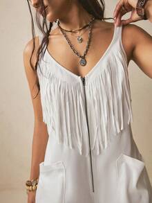 Levarali Women's Sleeveless Long Jumpsuit, Solid White With Tassels, Front Zipper, Straight Wide Leg Pants, Spring/Summer Elegant Cowboy Western Casual Boho - White - View 1