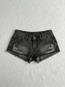 SHEIN 女款休閒做舊超低腰牛仔迷你短褲，附口袋 - 灰色 - 查看 5