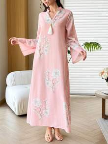 Al Najma Floral Print Decorated Tassel Women's Turkish Kaftan & Arabic Traditional Long Shirt - Pink - View 6