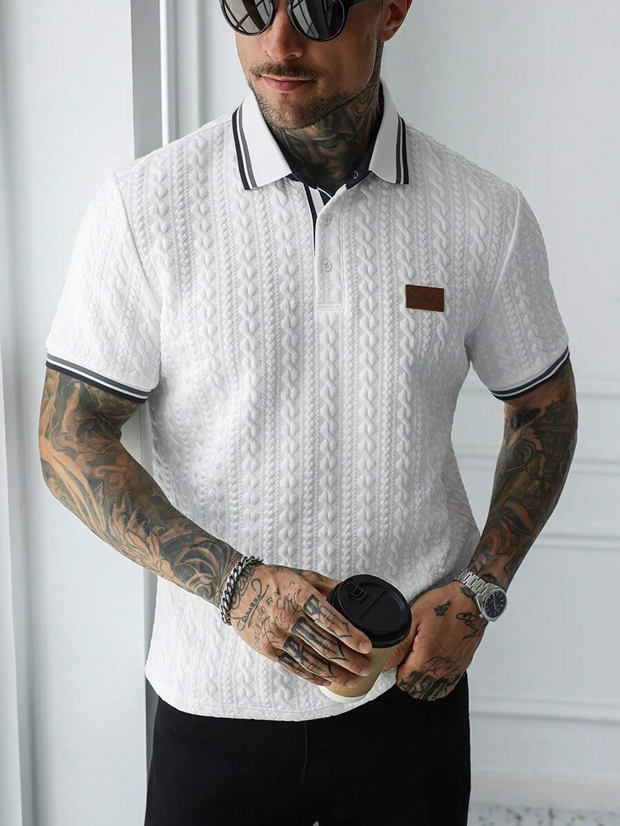 Manfinity CasualCool Men's Knitted Jacquard Solid Color Textured Polo Shirt With Ribbed Collar, Cuffs And Hem, Black Pique Fabric, 3 Black Buttons - White - View 1