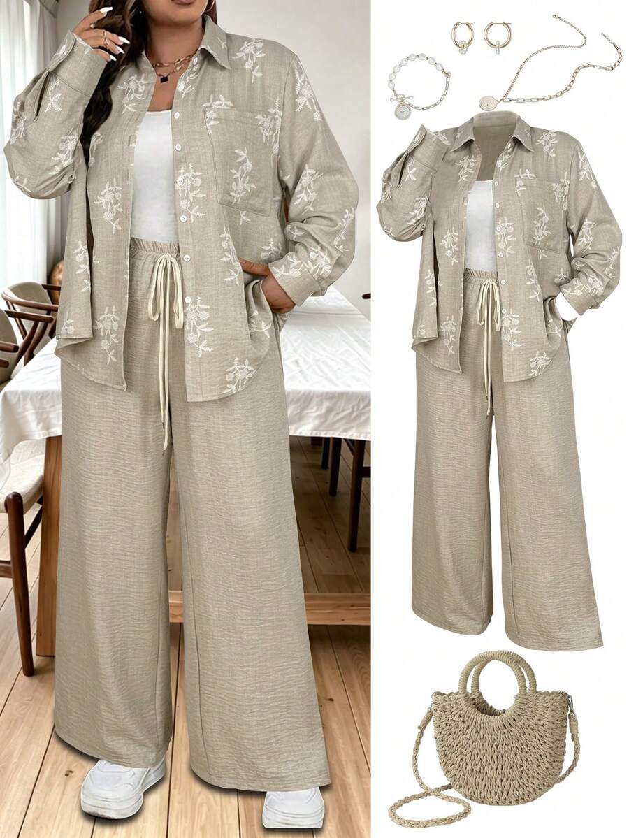 SHEIN LUNE 大码女式法式休闲优雅长袖上衣和裤子两件套,秋冬款 - 杏色 - 查看 1