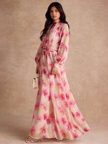 Enchnt Autumn Romantic Women's Elegant Beige Floral Print Lantern Sleeve 3D Long Dress Graduation Garden Party Day Party Wedding Daytime Mother Of The Bride - Pink - View 4