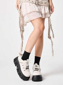 ROMWE Grunge Punk Women Heeled Sandals2026 New Fashion Spring And Autumn Punk Style Dark PU Round Toe Thick Sole Heightening Niche Design Rivet Skull Head Lace-Up Shoes Y2K - Beige - View 3