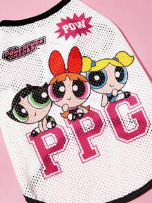 THE POWERPUFF GIRLS X SHEIN 卡通超級英雄女孩印花網眼寵物背心，透氣運動風無袖背心，適合貓咪與多尺寸狗狗 (XXS-XXXXXL)，輕量適合夏季戶外活動 - 本白 - 查看 3
