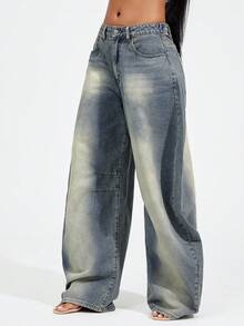 Denimoi Adjustable Waist Denim Jeans, Snap Waist, Barrel Leg Jeans, Fashion Denim, Street Style - Light Wash - View 5