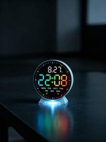Reloj despertador digital LED redondo con luz nocturna RGB, doble alarma, pantalla de fecha y semana, brillo ajustable, reloj de escritorio moderno para dormitorio, oficina y decoración del hogar - Multicolor - Ver 11