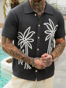 VENTUSAIL Top de punto casual versátil para uso diario con patrón de coco y abotonadura sencilla para hombres - Gris - Ver 4