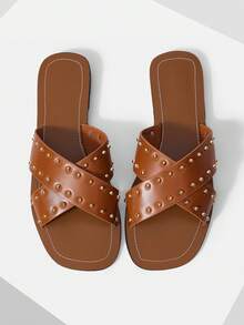 Mnmlis Women's Rivet Inlaid Simple Recreational Vehicle Line Design Flat Bottom Texture Flat Bottom Sandals - Brown - View 2