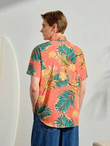 VeloEdit Loose Fit Tropical Print Shirt For Men, No Tee Long Sleeve - Orange - View 3