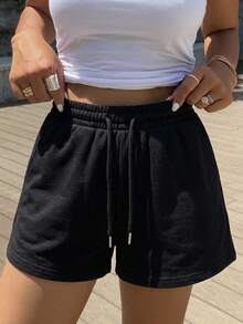 Joudiya Women Casual Solid Color Drawstring Waist Shorts, Summer Sweater Shorts - Black - View 12