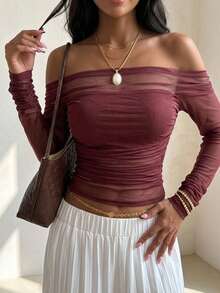 Joudiya Women's Elastic Mesh Sheer Off Shoulder Top, Spring/Summer Long Sleeve Women Tops Going Out Tops Women - Burgundy - View 11