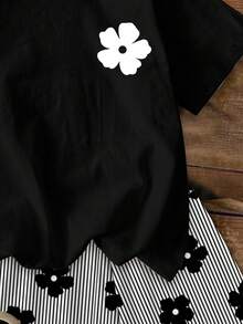 Tween Girl Casual Minimalist American Vintage Black And White Colorblock, Vacation Style, Short Sleeve Shorts 2 Pieces Set, Cozy Spring Holiday - Multicolor - View 5