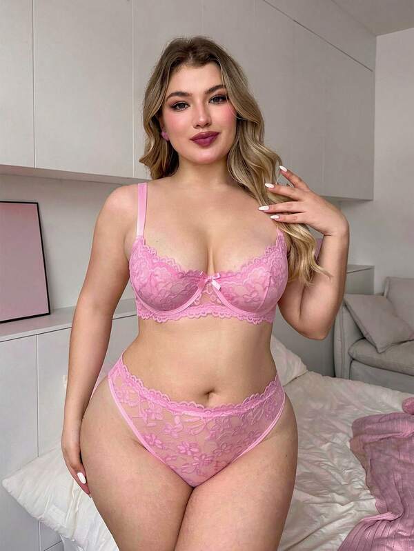 PetitDoll Conjunto de lencería de encaje de camelia rosa para mujer talla grande 2 piezas