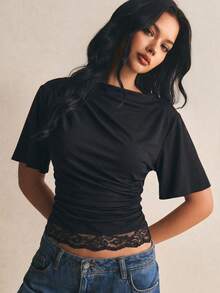 Poéselle Damen-T-Shirt mit Fledermausärmeln, einfarbig, mit Spitzensaum, modisch, Sommer-Tops, Schulanfang-Tops, Ausgeh-Tops, Y2K-Tops, schwarze Tops, elegante Spitzenblusen - Schwarz - Übersicht 1