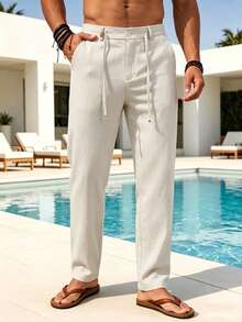 VENTUSAIL Men's Solid Color Drawstring Linen-Feel Casual Pants, Long Trousers With Pockets, Suitable For Outdoor Wear Relaxed Fit Pants Men Beach For Men Pants Linen Pants For Men Lightweight Men Pants Men Summer Pants World Cup Holiday, Men Old Money, Daily Leisure, Weekend Trips, Outdoor Activities, Travel Expeditions, Relaxed Work Environments Or Semi-Formal Occasions, Boyfriend/Husband Gift, Anniversary /Birthday Gift Party Summer Vacation Holiday, Wedding, Spring To Summer, Easter, Y2k, Vintage - Apricot - View 3