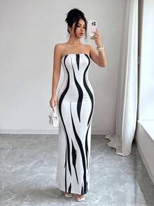 Glyssa Standard Size Elegant Women's Designed Fitted Blue And White Porcelain Print Waist-Cinching Slit Long Dress, Luxury Vintage Style, Suitable For Evening Party / High-End Cocktail Party / Brand Event / High-End Date / Anniversary Dinner / New Chinese Style / National Style Theme Event / Cultural Exhibition / Vacation / Beach / Estate Travel - Black and White - View 7
