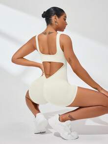 SHEIN Sports 女士健身连体衣，紧身时尚舞蹈瑜伽服 - 米色 - 查看 6