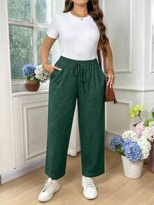 EMERY ROSE Plus Size Women's Casual Solid Color Cotton Folded Long Pants Fall - Dark Green - View 3