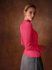 MOTF PREMIUM SWEATER LAPISAN DASAR MINIMALIS UNTUK WANITA MUSIM GUGUR/DINGIN, KASUAL, UNTUK PERJALANAN SEHARI-HARI, WARNA POLOS, LEHER CORONG, POTONGAN RENDAH - Hot Pink - View 3
