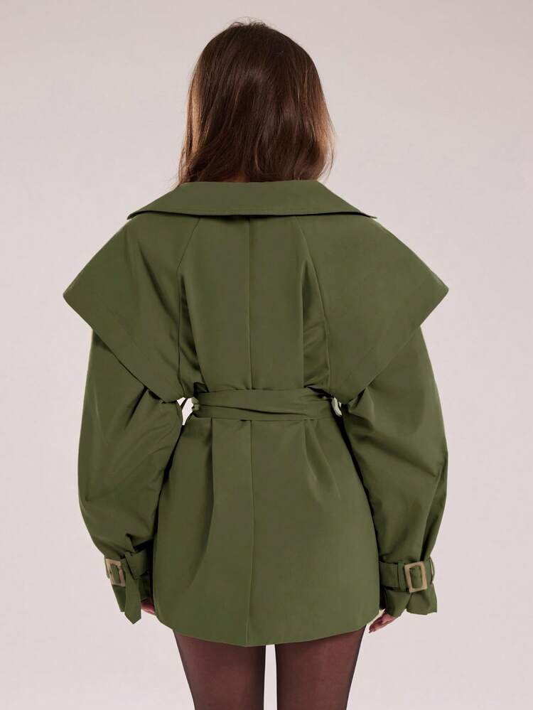 SHEIN BAE Women's Solid Color Waist Belt Long Sleeve Trench Coat