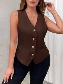 CosyJoli Plus Size Casual And Formal Solid Color Suit Vest In Fall/Winter - Coffee Brown - View 5