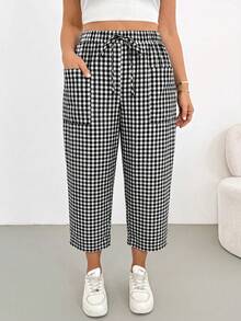 SHEIN Essnce Plus Size Women's Autumn Fashion Casual 90s 80s 70's Smart Loose Comfortable Daily Back-To-School All-Match Slimming Black And White Plaid - Brown - View 5