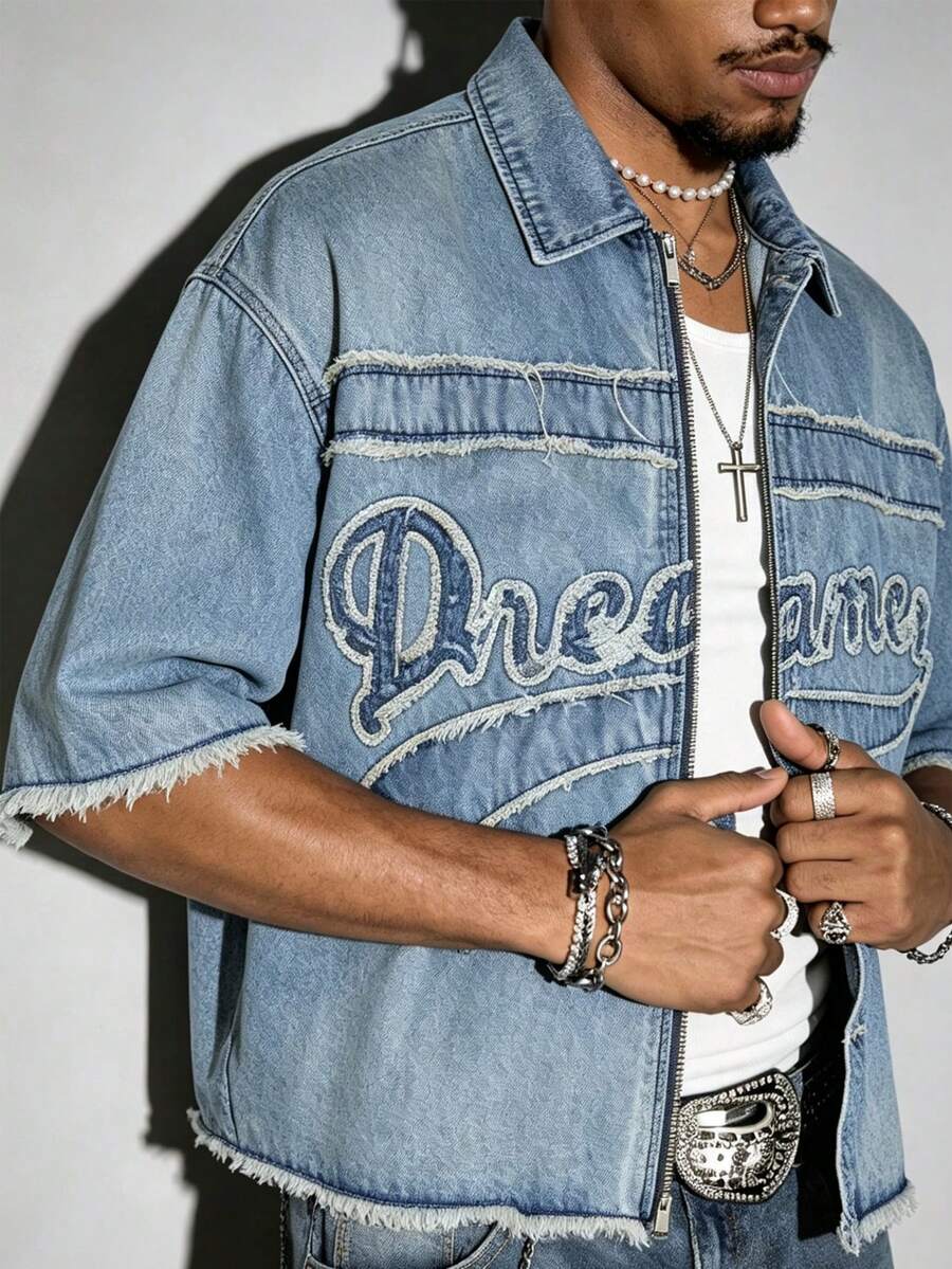 ROMWE MEN Men's Summer Casual Letter Patchwork Denim Jacket - Blue - View 1
