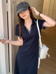 DAZY 女士V领休闲条纹中长连衣裙，适合工作、夏季穿着，衬衫裙/长裙 - 藏蓝色 - 查看 7