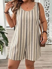 Comfylo Plus Size Women's Summer Vacation Style Striped Pattern Round Neck Casual Jumpsuit With Pockets, Suitable For Travel, Vacation, Summer And Daily Wear - Multicolor - View 4
